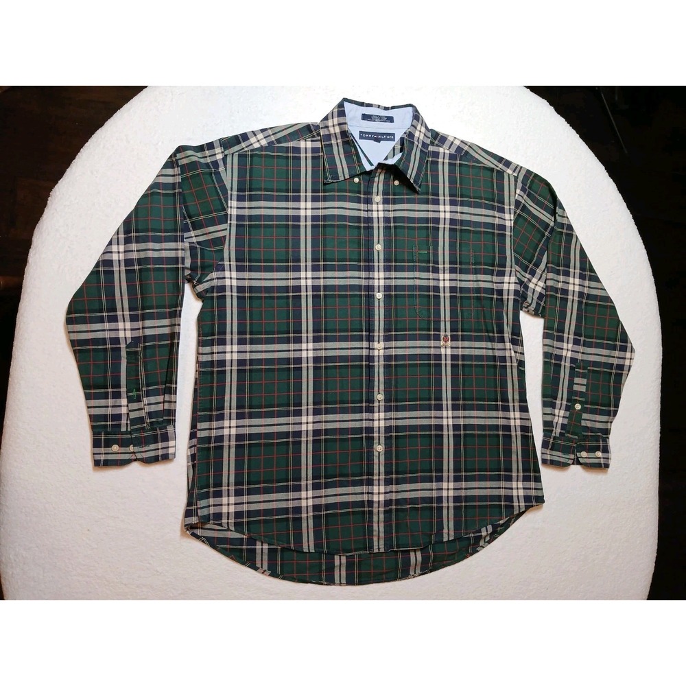 Tommy Hilfiger Shirt Men Size XL Green White Plaid Long Sleeve Button Up Y2K